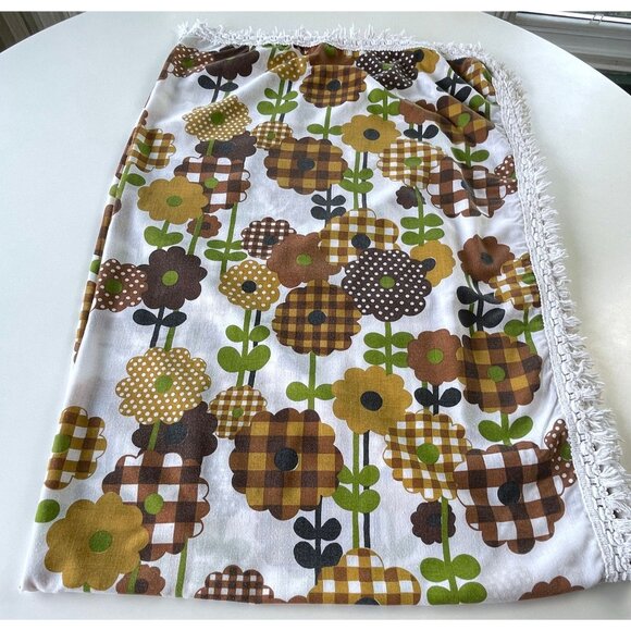 Vintage 70s oval tablecloth, brown, orange green flower power, fringed - Picture 8 of 9